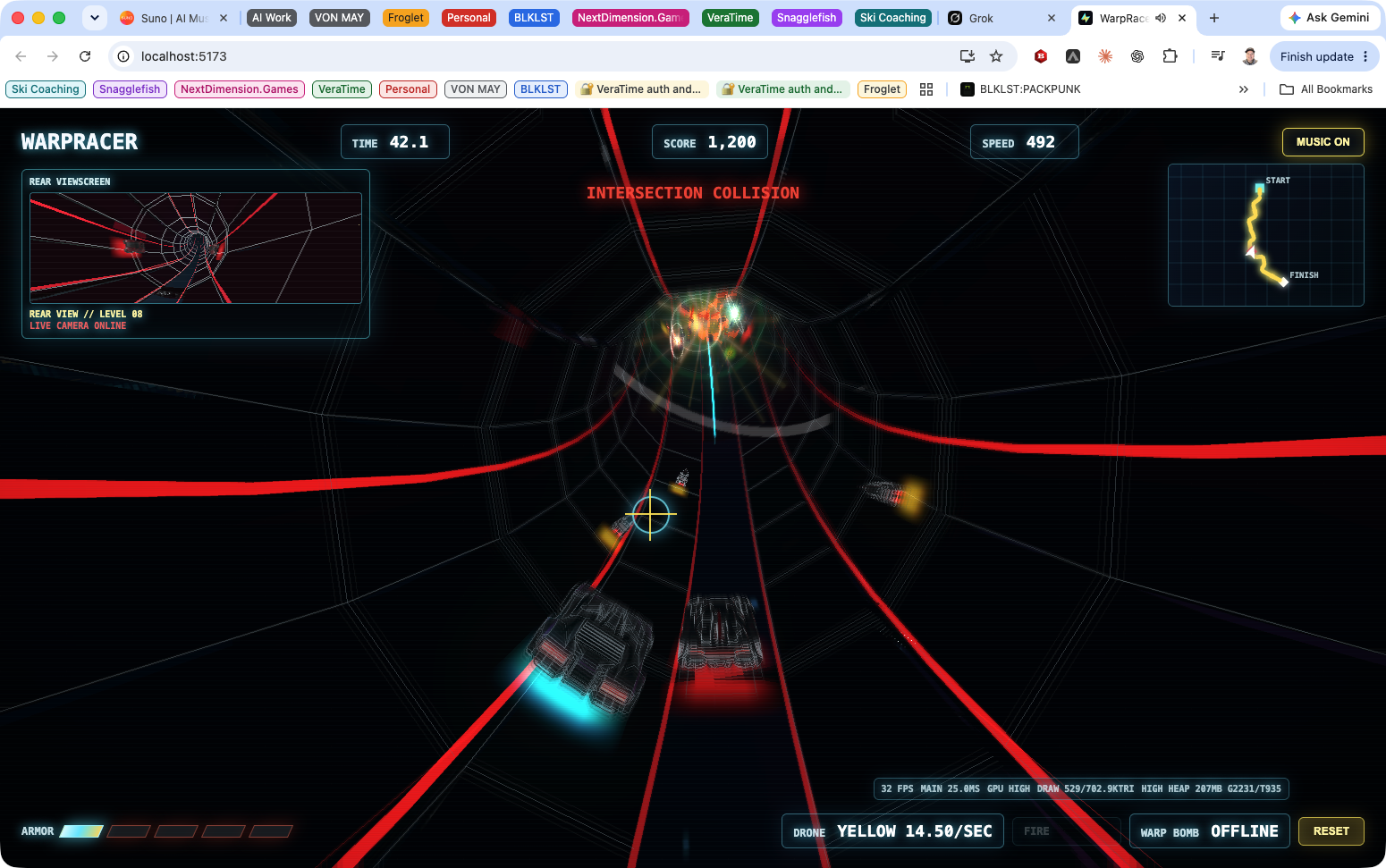 WarpRacer Level 08 player-camera action with rival vehicles and collision effects