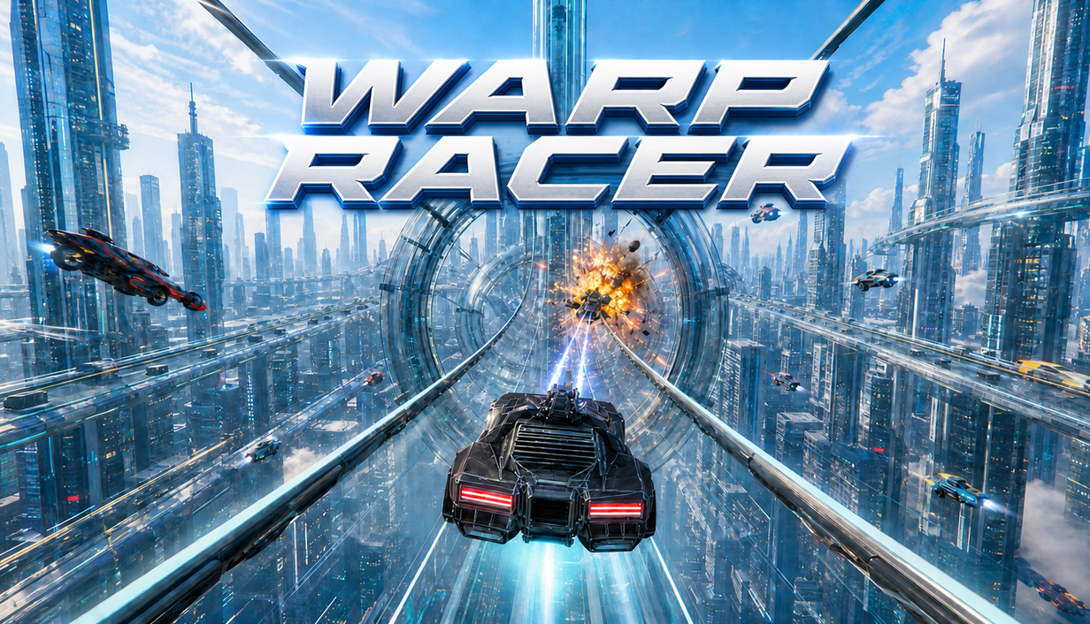 WarpRacer key art: a weaponized hover-racer firing down a glass city tunnel