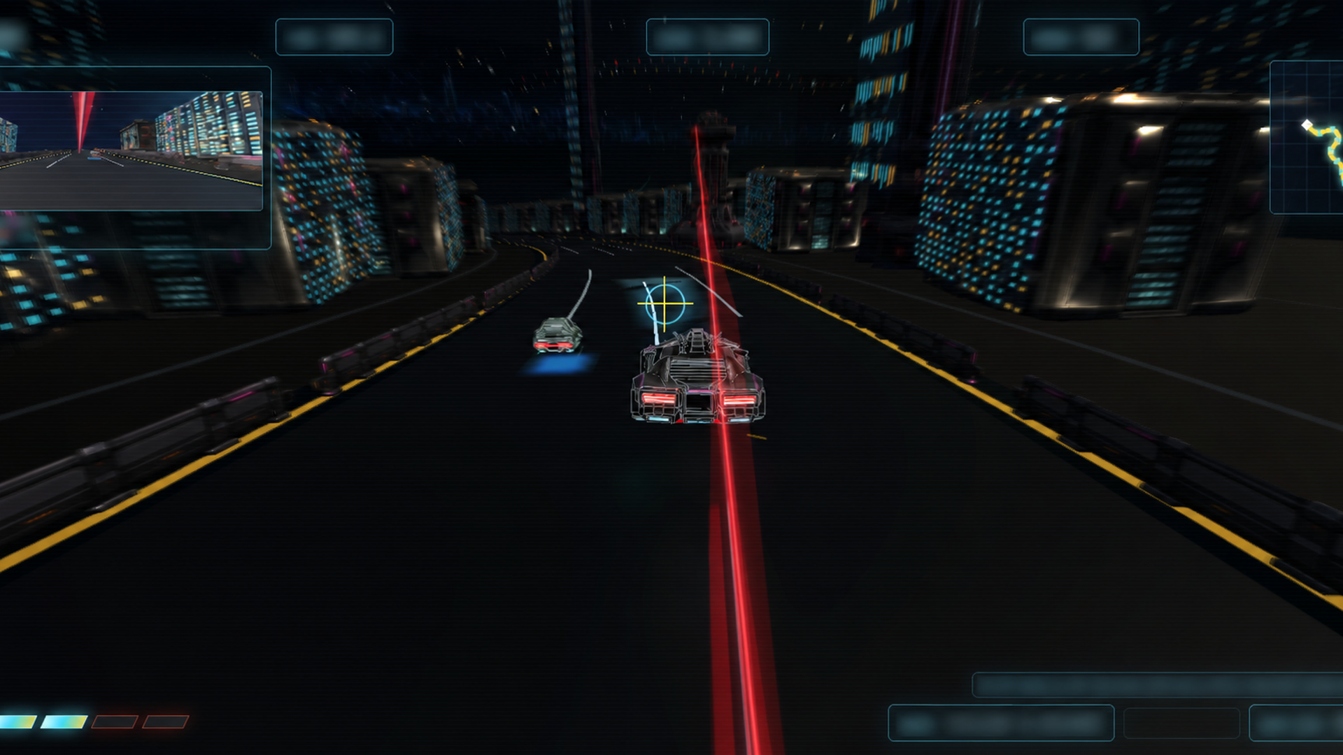 Sunset skyway chase: hover-racer pursuing traffic with a cannon laser