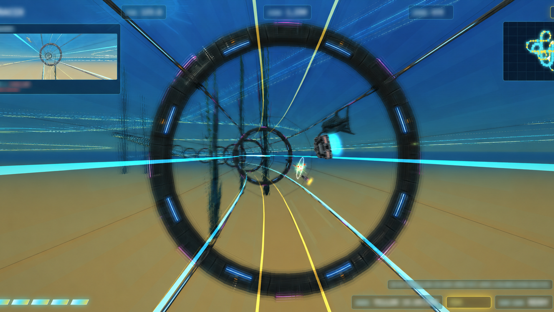 Banking through a luminous cyan tunnel ring at speed