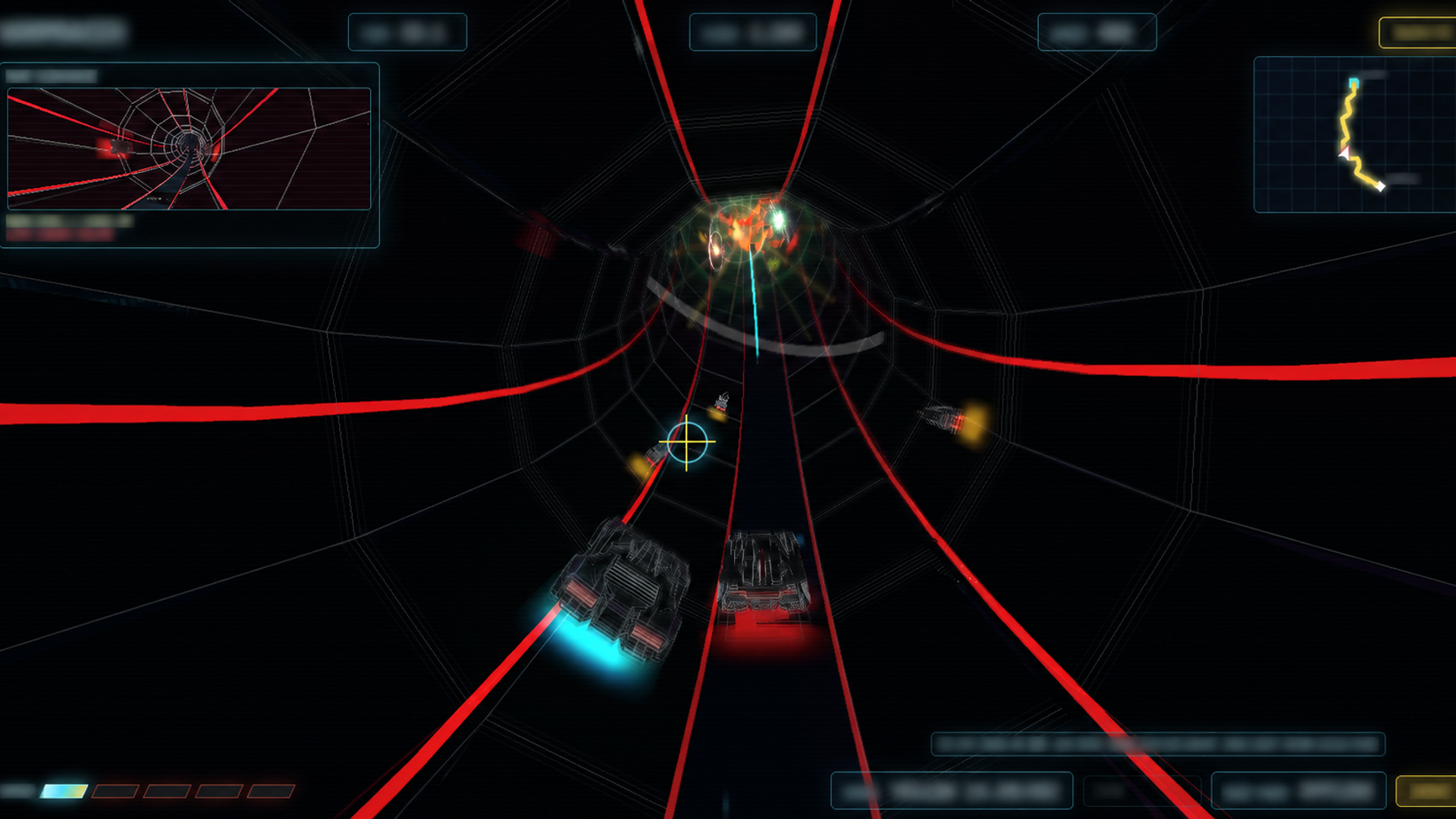 Dark crimson tunnel combat with explosions ahead